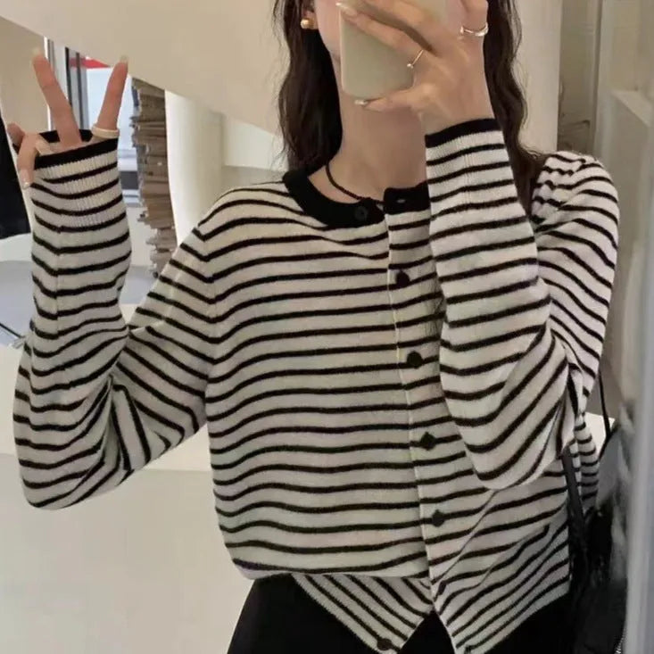 French style striped cardigan for women in dark grey with white stripes, slim fit with 40cm length