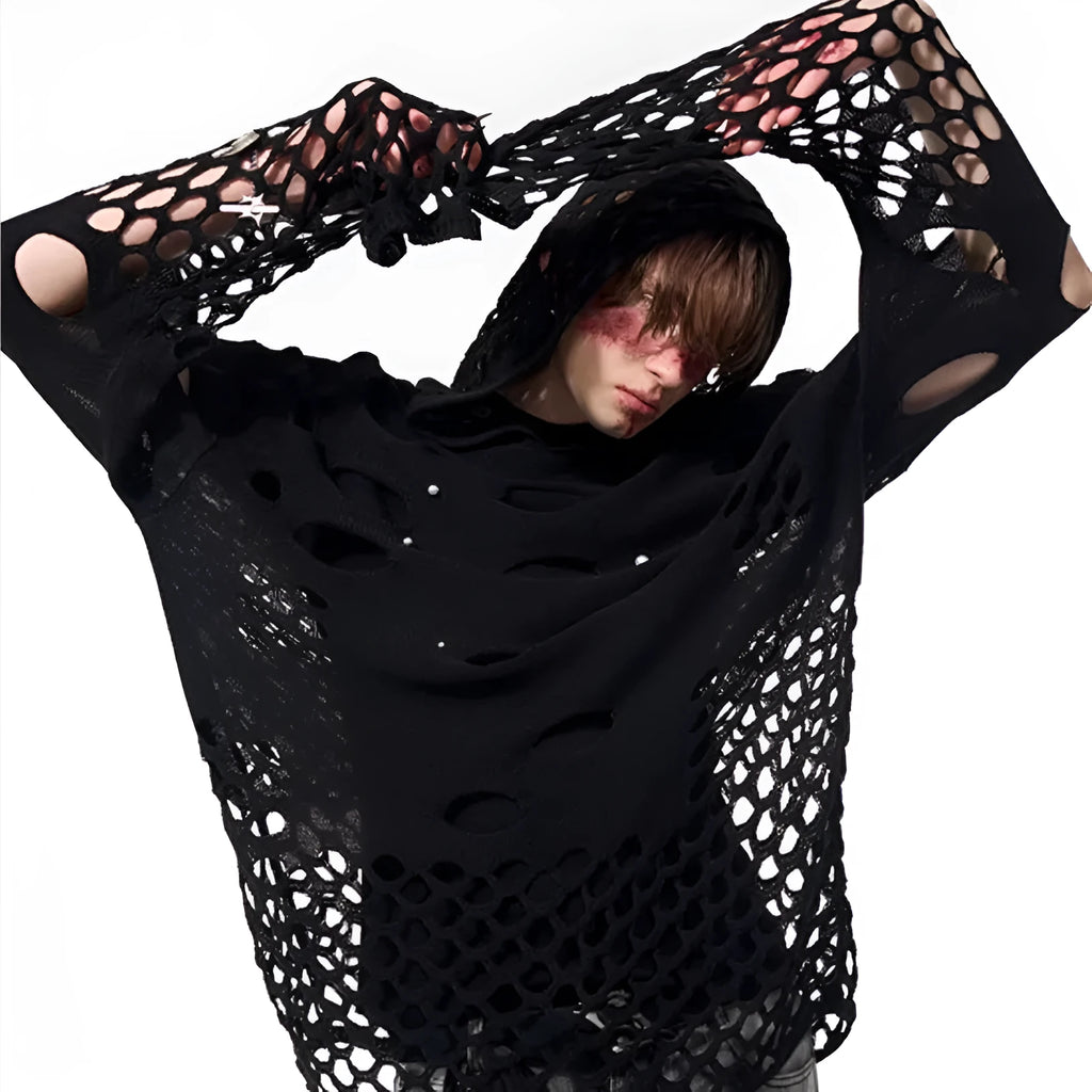 Black men's hoodie with pearl decoration on hood, loose fit thin knit pullover
