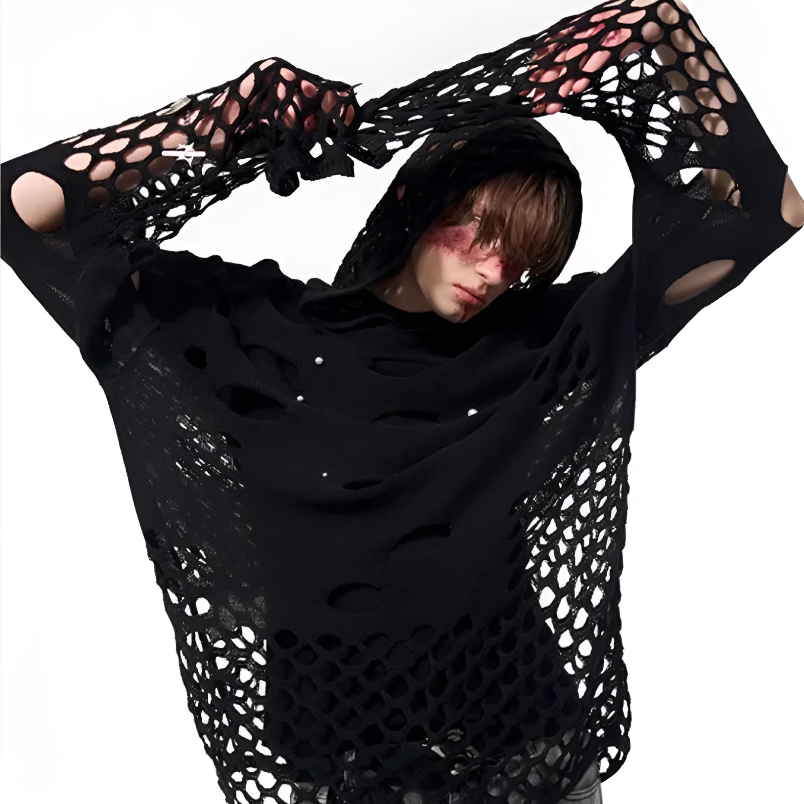 Black men's hoodie with pearl decoration on hood, loose fit thin knit pullover