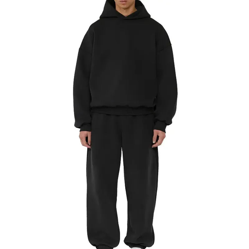 A man's grey fleece-lined cotton hoodie with a pullover design and threaded long sleeves.