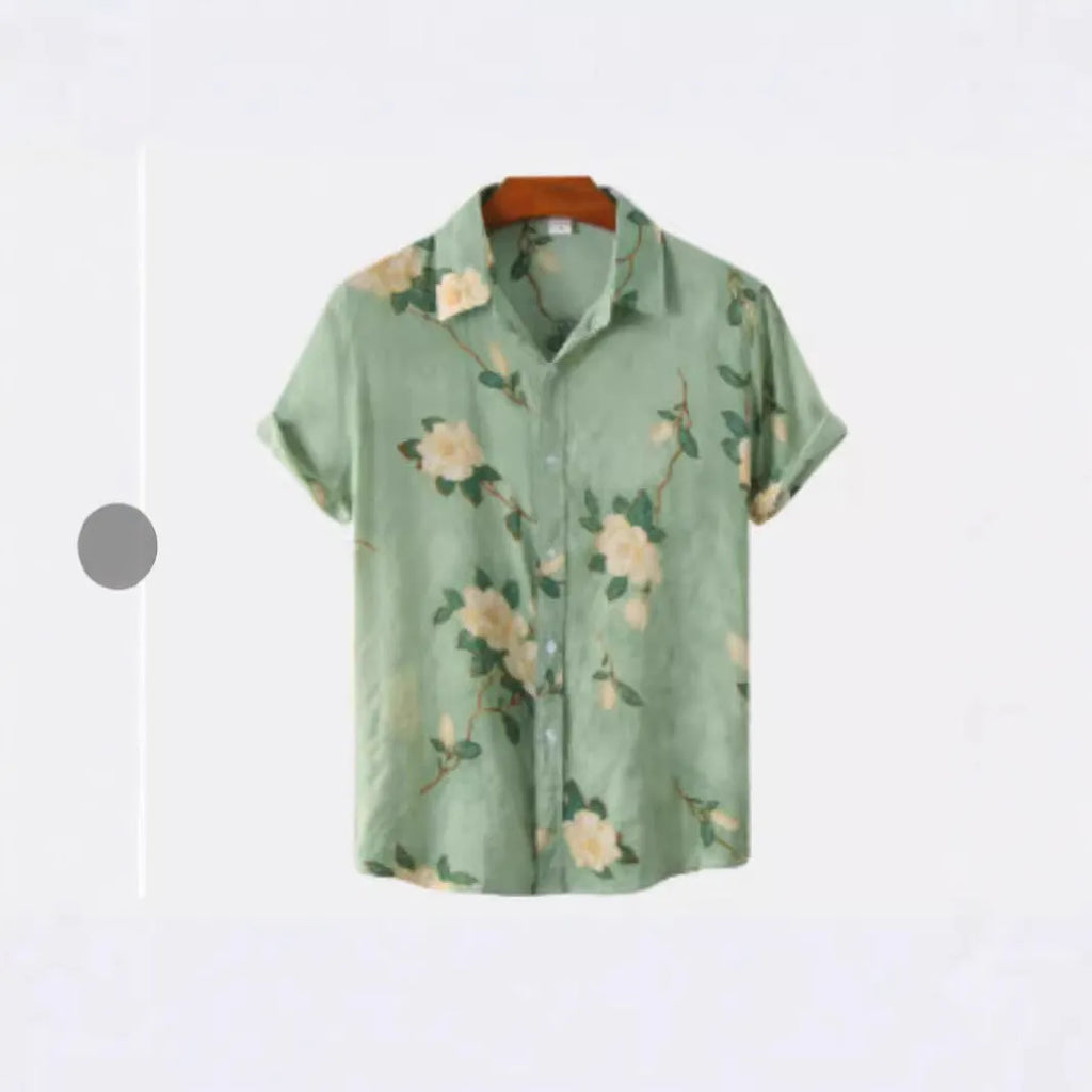 Hawaiian printing lapel short sleeve shirt with floral pattern and cardigan style