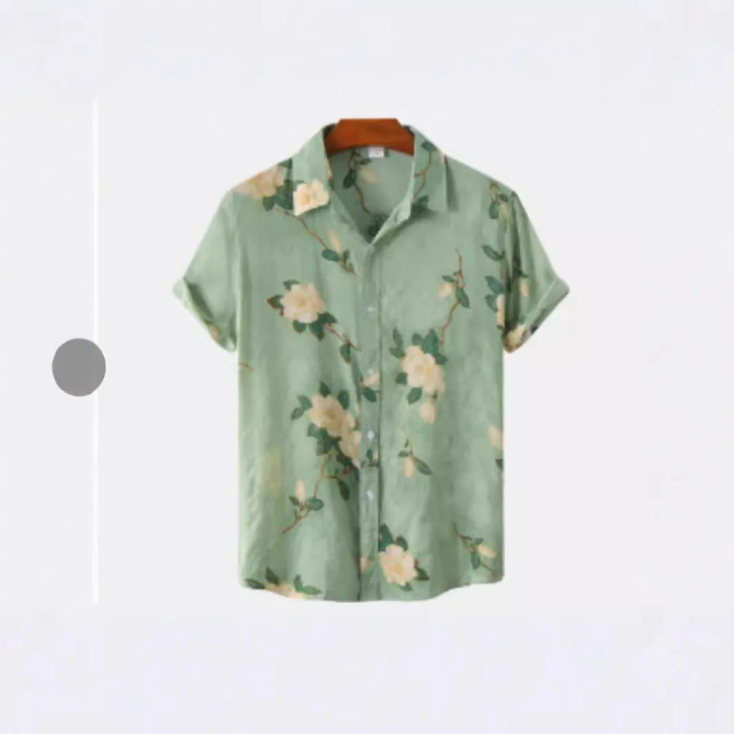 Hawaiian printing lapel short sleeve shirt with floral pattern and cardigan style
