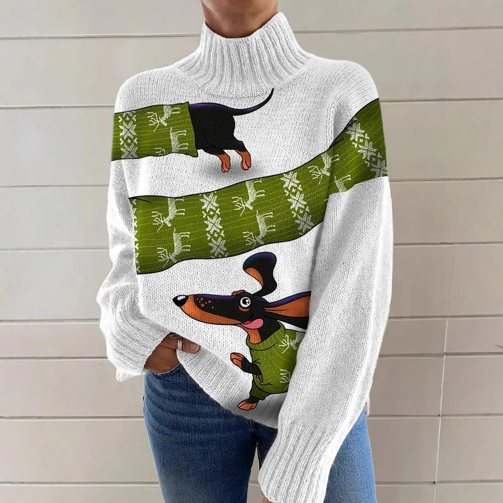 Women's loose-fit Christmas printed turtleneck sweater in a macaron colour on a hanger