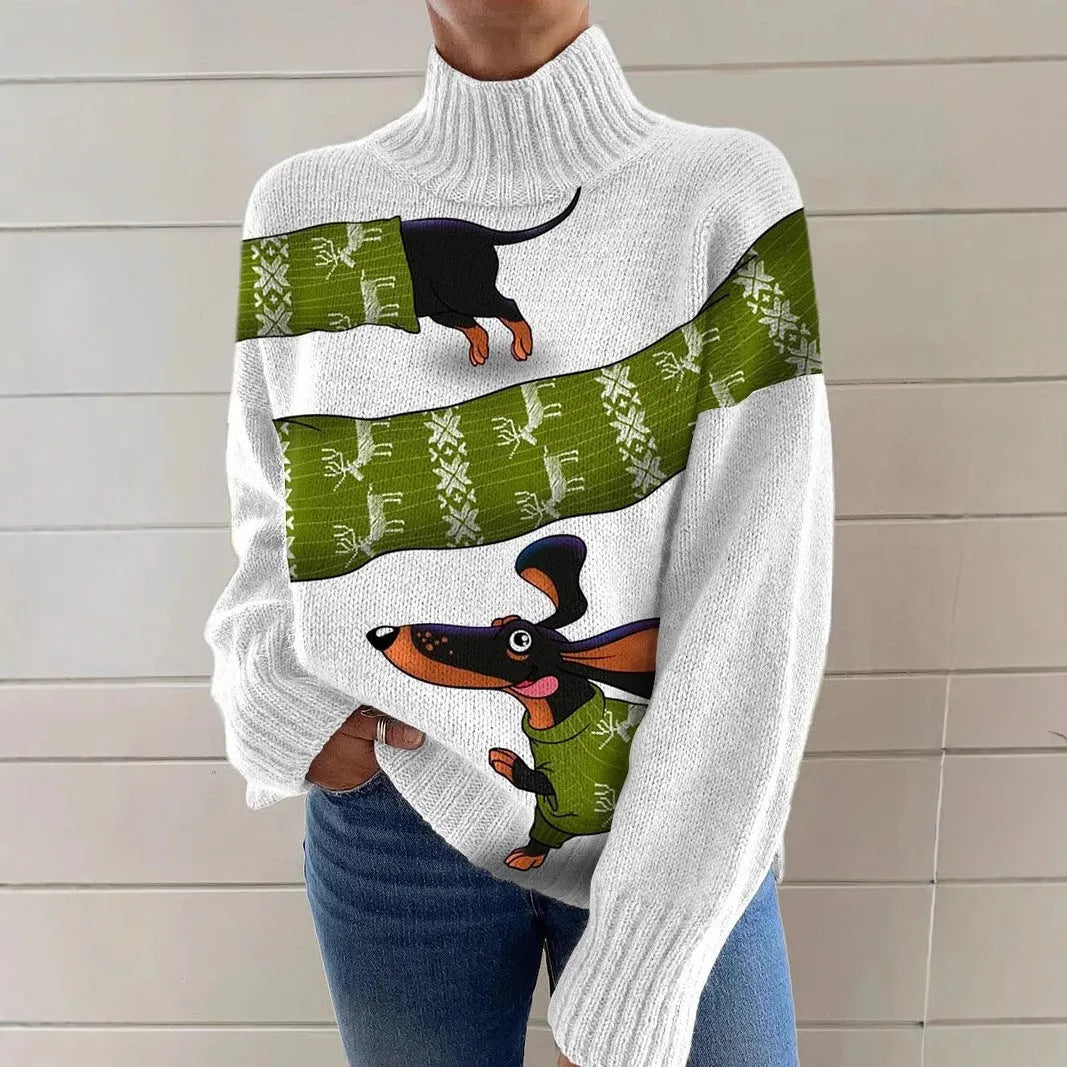 Women's loose-fit Christmas printed turtleneck sweater in a macaron colour on a hanger