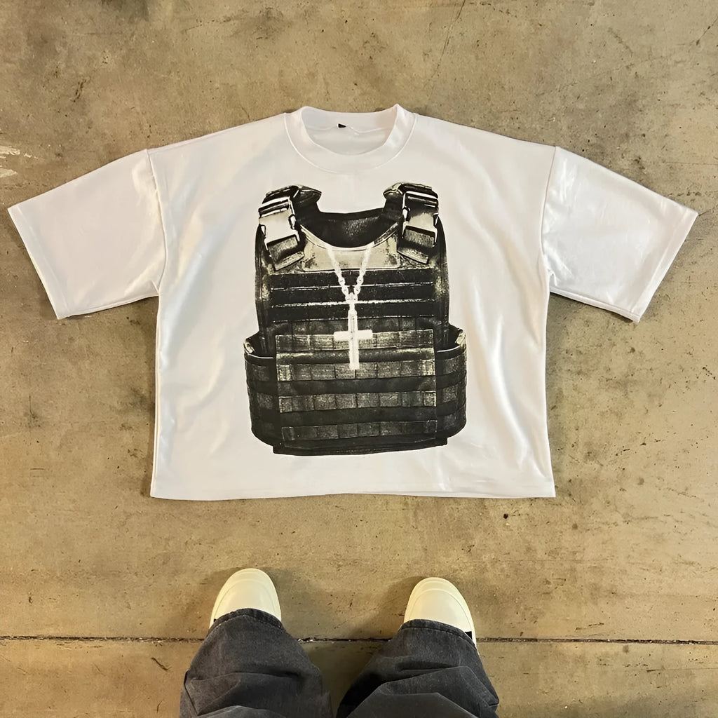 Printed cotton short sleeve T-shirt with drop-shoulder design in retro street style