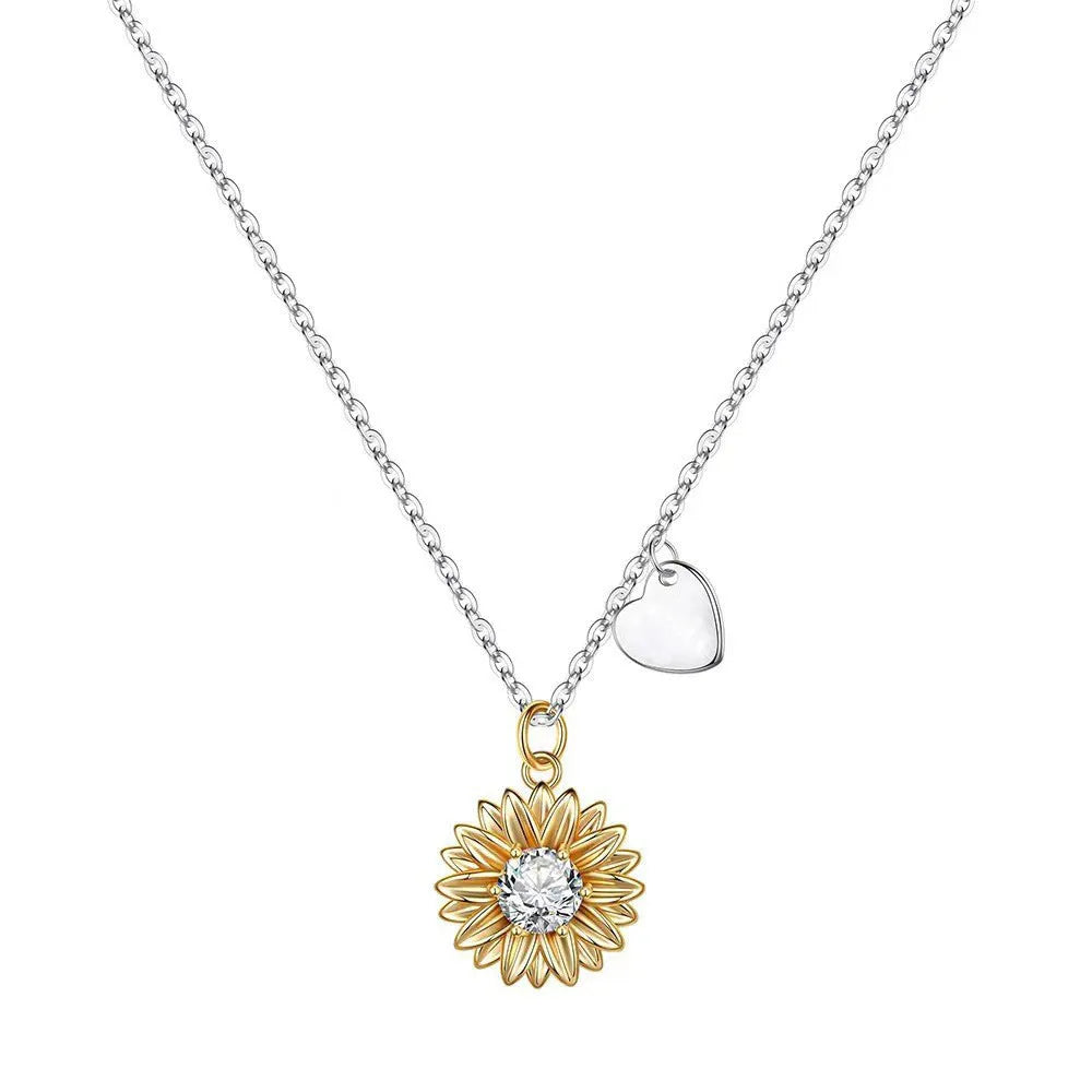 925 silver sunflower necklace with geometric daisy pendant on adjustable cross chain, length 21-50cm