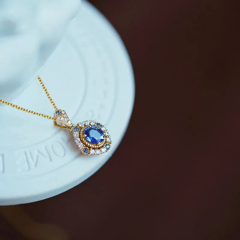 Royal style women's necklace with mixed gem zircon pendant on yellow gold adjustable box chain