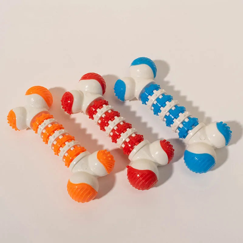 Blue bone-shaped interactive dog chew toy with a treat holder in the centre, for small breeds.