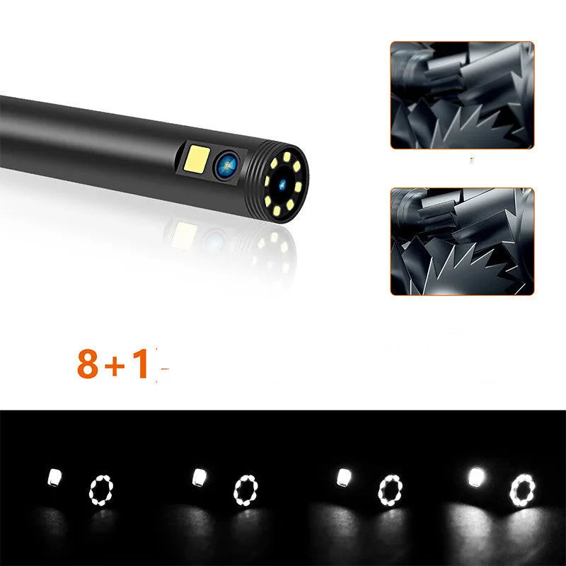 F300 WiFi dual lens endoscope camera with 5.5mm and 8mm probes, magnet, and hook accessories on a smartphone display