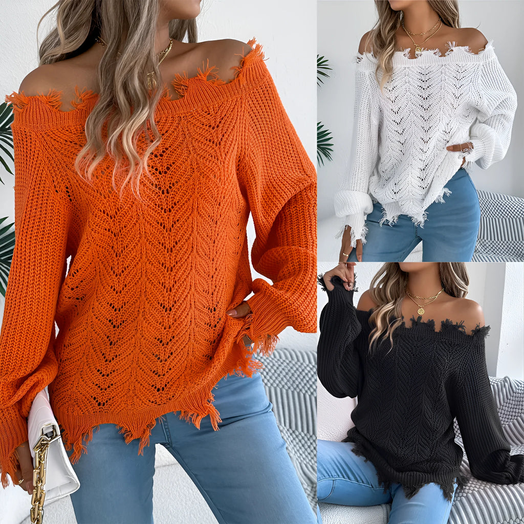 White hollow-out long sleeve pullover sweater with an off-the-shoulder neckline on a hanger.
