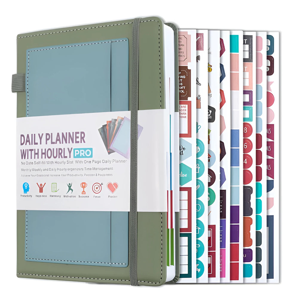 No date strap notebook with PU leather cover open to show 80g wood-free paper and thread binding