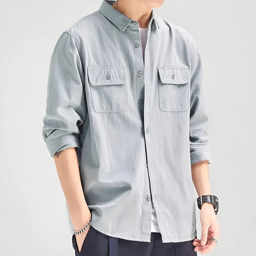 Men's loose fit long sleeve overalls shirt in cardigan style with four colour options