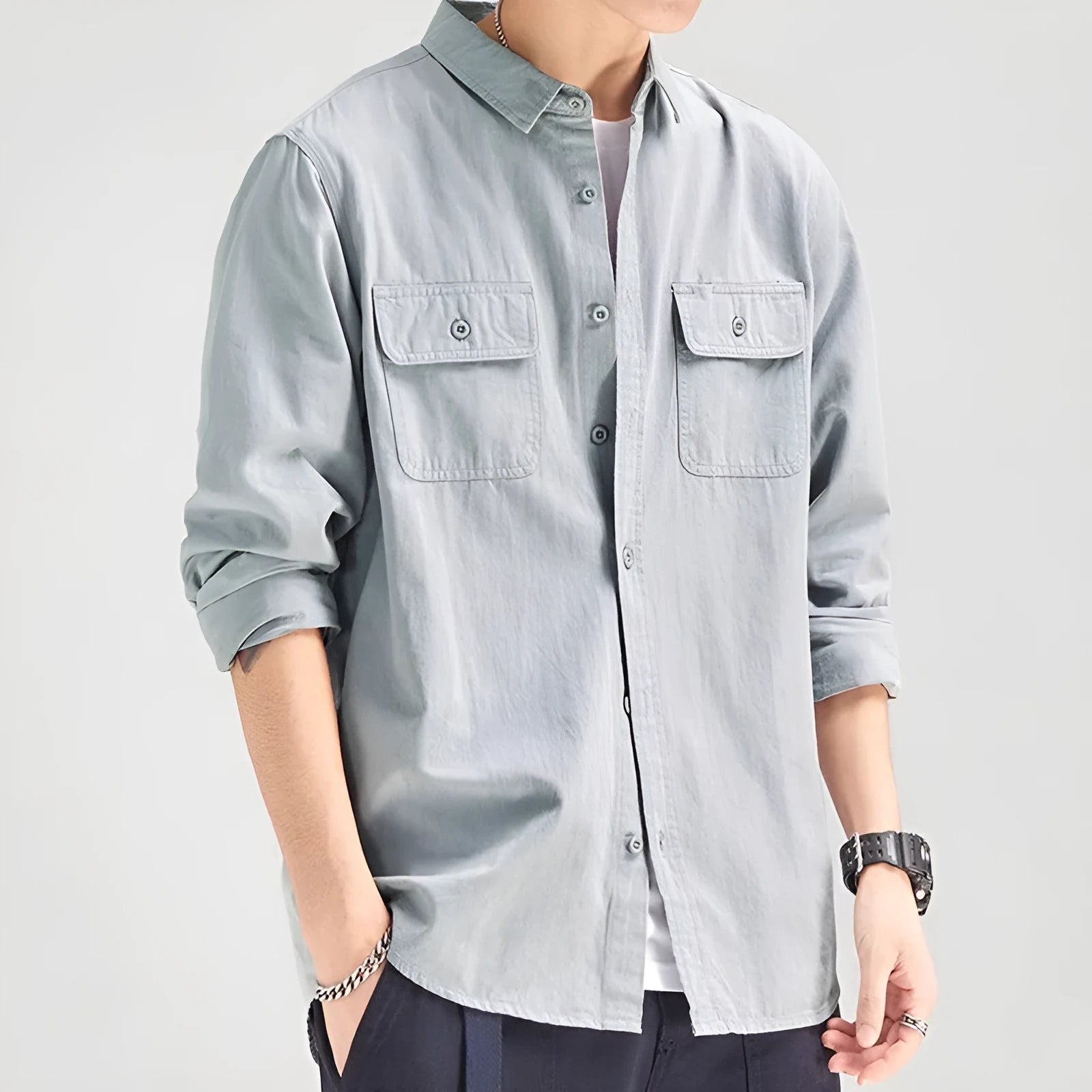 Men's loose fit long sleeve overalls shirt in cardigan style with four colour options