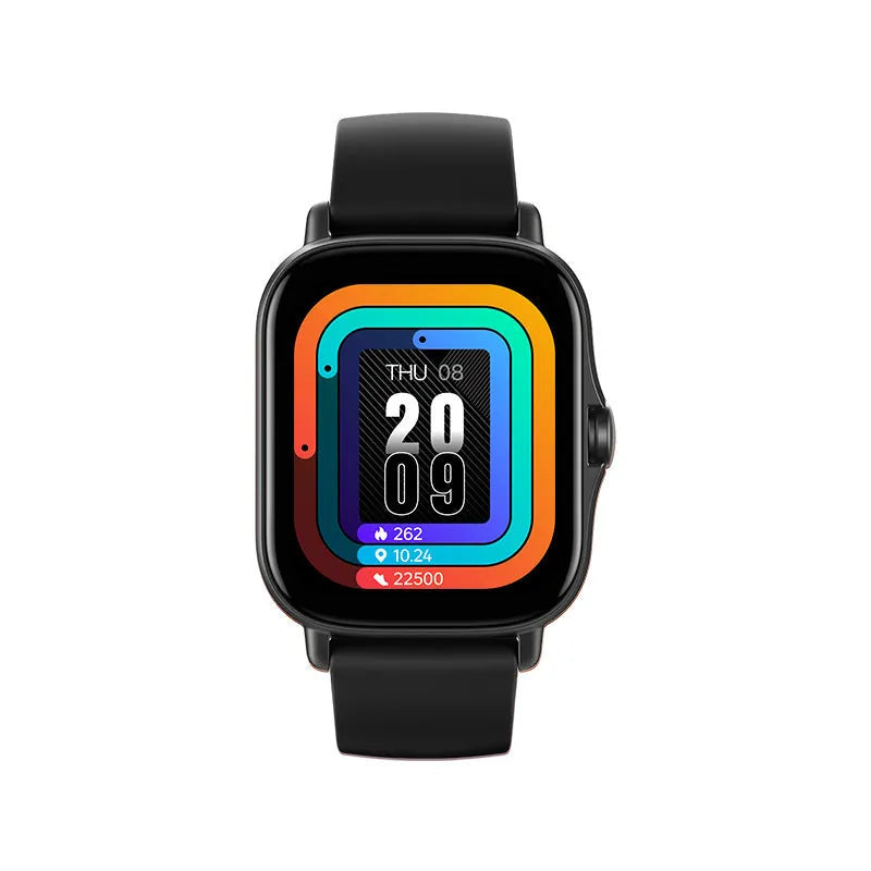 GT20 black smartwatch showing time on its 1.75-inch screen with a silicone wrist band.
