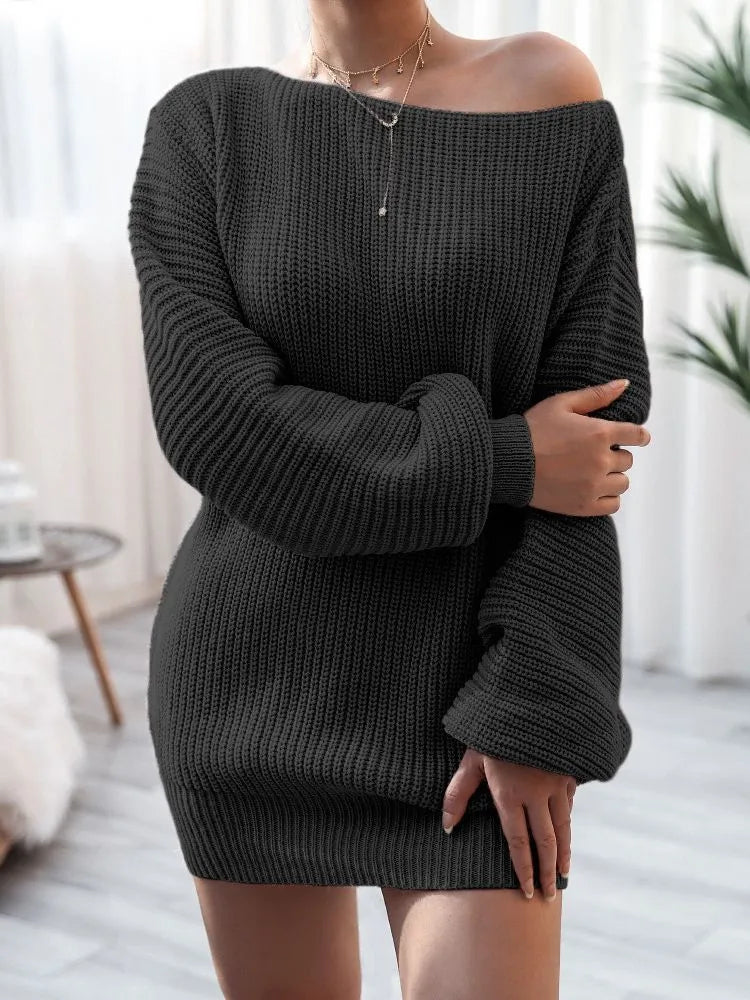 Women's off-shoulder knitted dress with lantern sleeves in wine red colour showing medium length