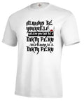 Men's white printed short sleeve casual T-shirt laid flat, straight cut, made from polyester.