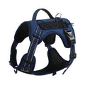 Orange reflective dog vest harness with a black full-handle grip rope attached.