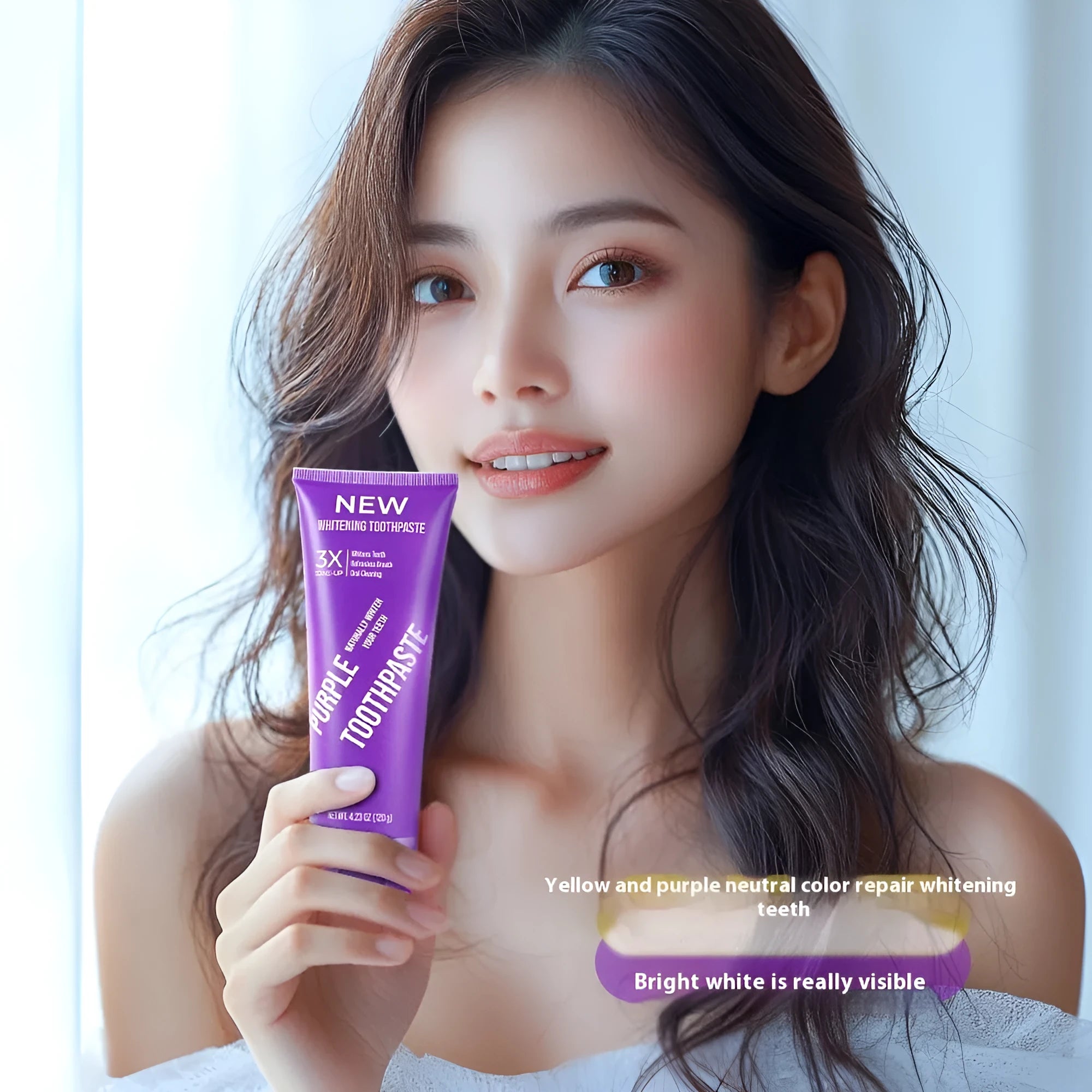 Purple whitening toothpaste tube for adults to remove yellow tooth stains