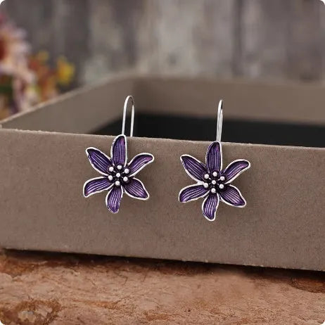Purple flower-shaped alloy earrings with retro elegant design and electroplated finish