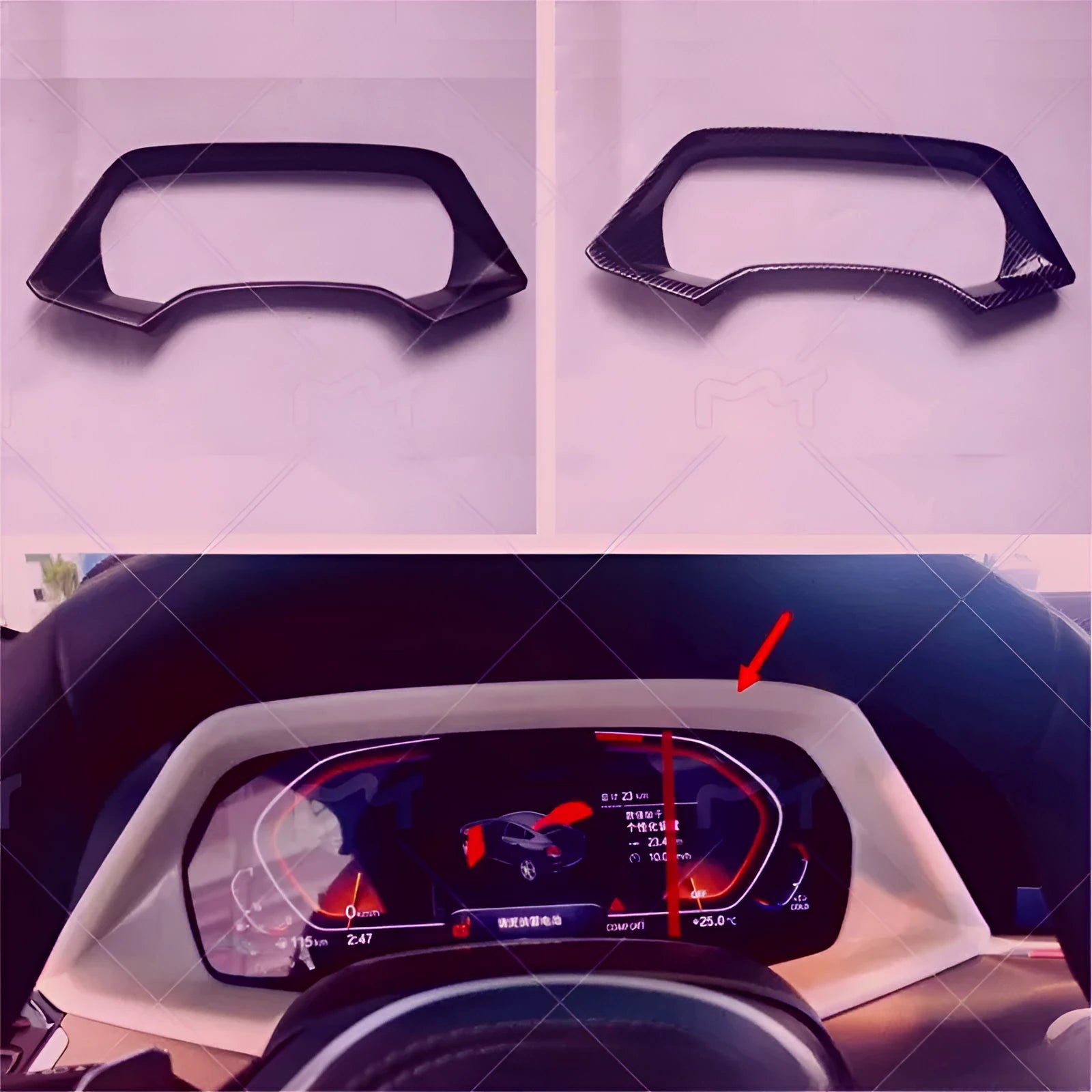 ABS plastic decorative dashboard frame for a BMW X5L in Carbon Fibre and Peach Wood finishes