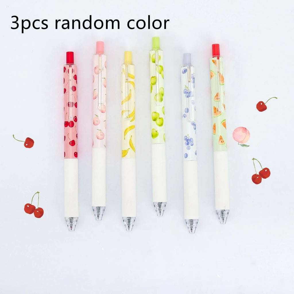 Three fruit scented pressurised pens with 0.5mm black refills and replaceable cartridges