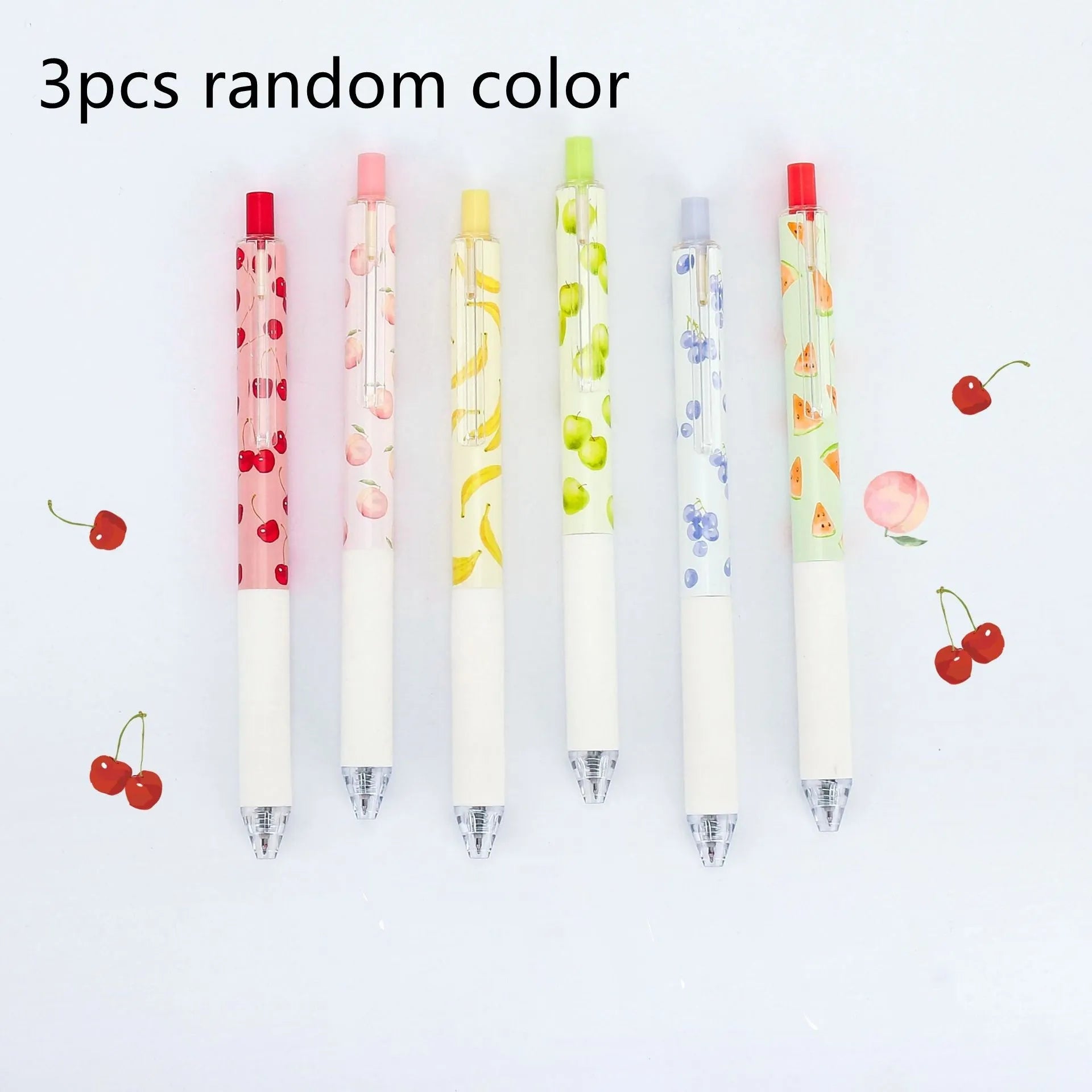 Three fruit scented pressurised pens with 0.5mm black refills and replaceable cartridges