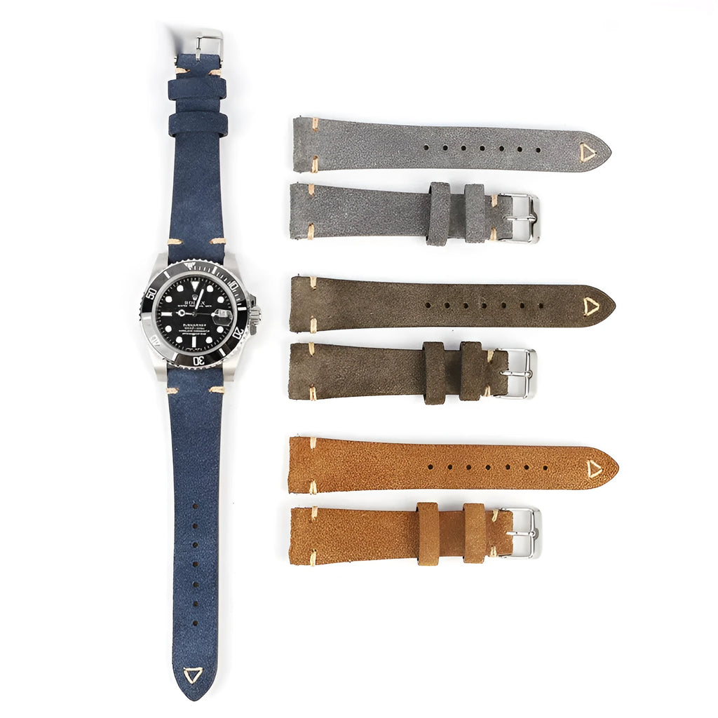 Genuine suede leather watch strap in brown, blue, gray, and Army Green colours for 20mm and 22mm watches