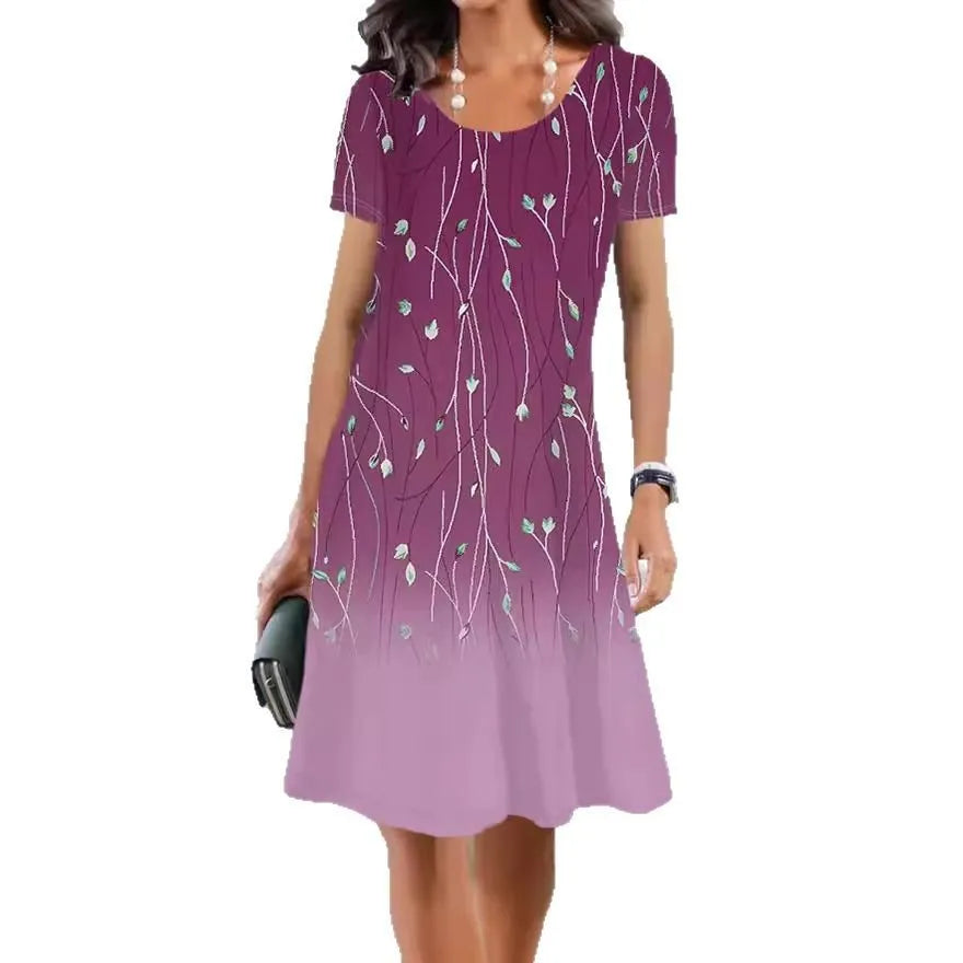 Women's floral print mid-length dress with short sleeves and A-line skirt in ice silk fabric