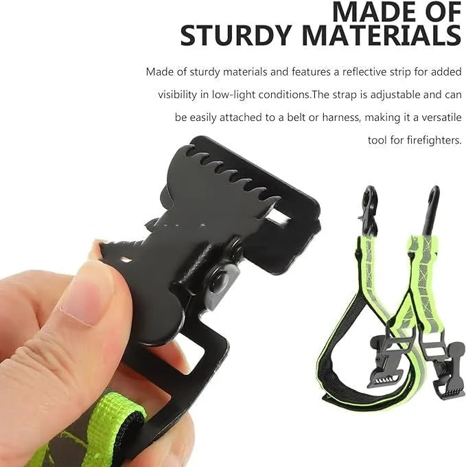 Fluorescent green metal buckle safety clip for organising gloves on industrial gear.