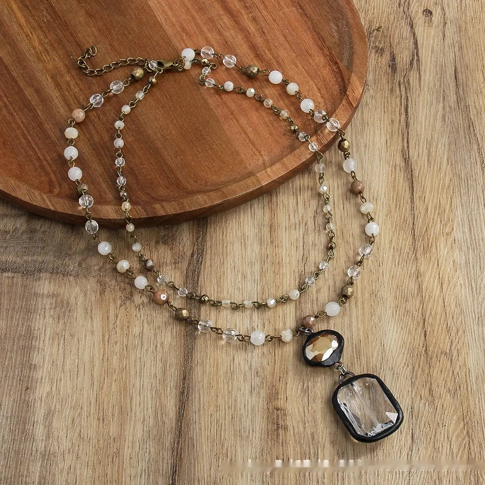 Tribal style two-layer necklace with natural stone and glass beads on alloy chain