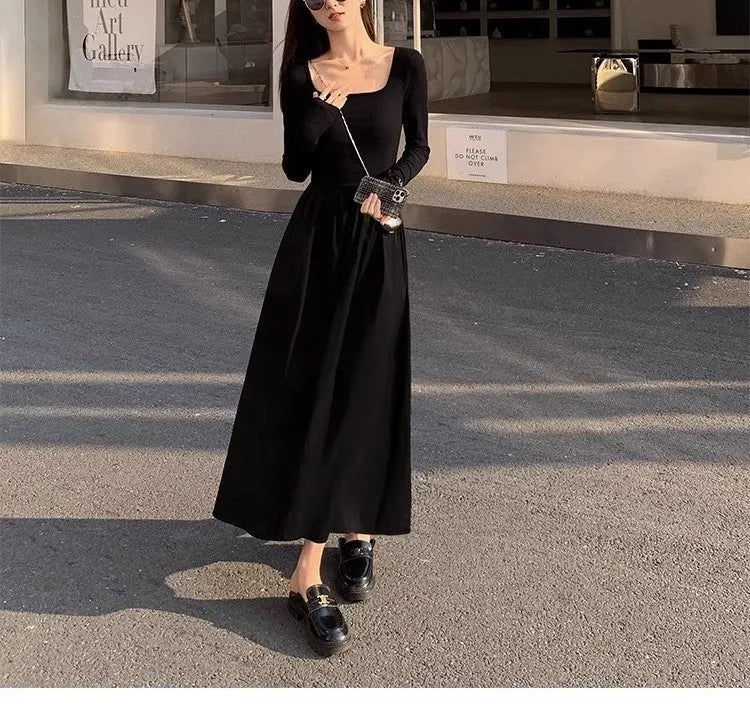 Women's square collar knitted dress with elastic waist and A-line long skirt in black