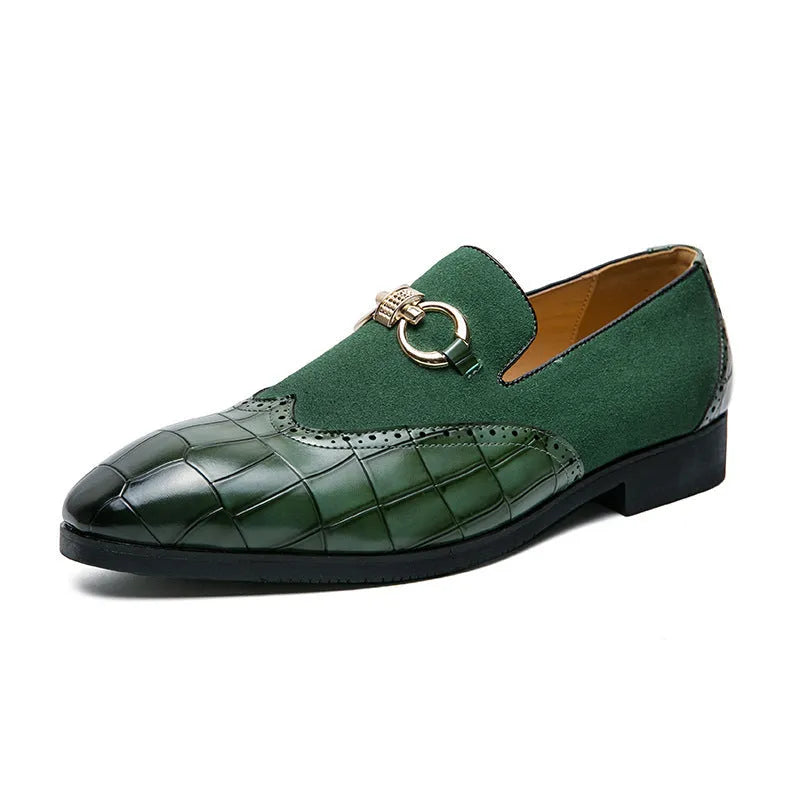 Men's black pointed-toe casual shoes with low-top design and sewn detailing on a rubber sole.