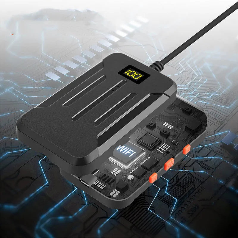 F300 WiFi dual lens endoscope camera with 5.5mm and 8mm probes, magnet, and hook accessories on a smartphone display