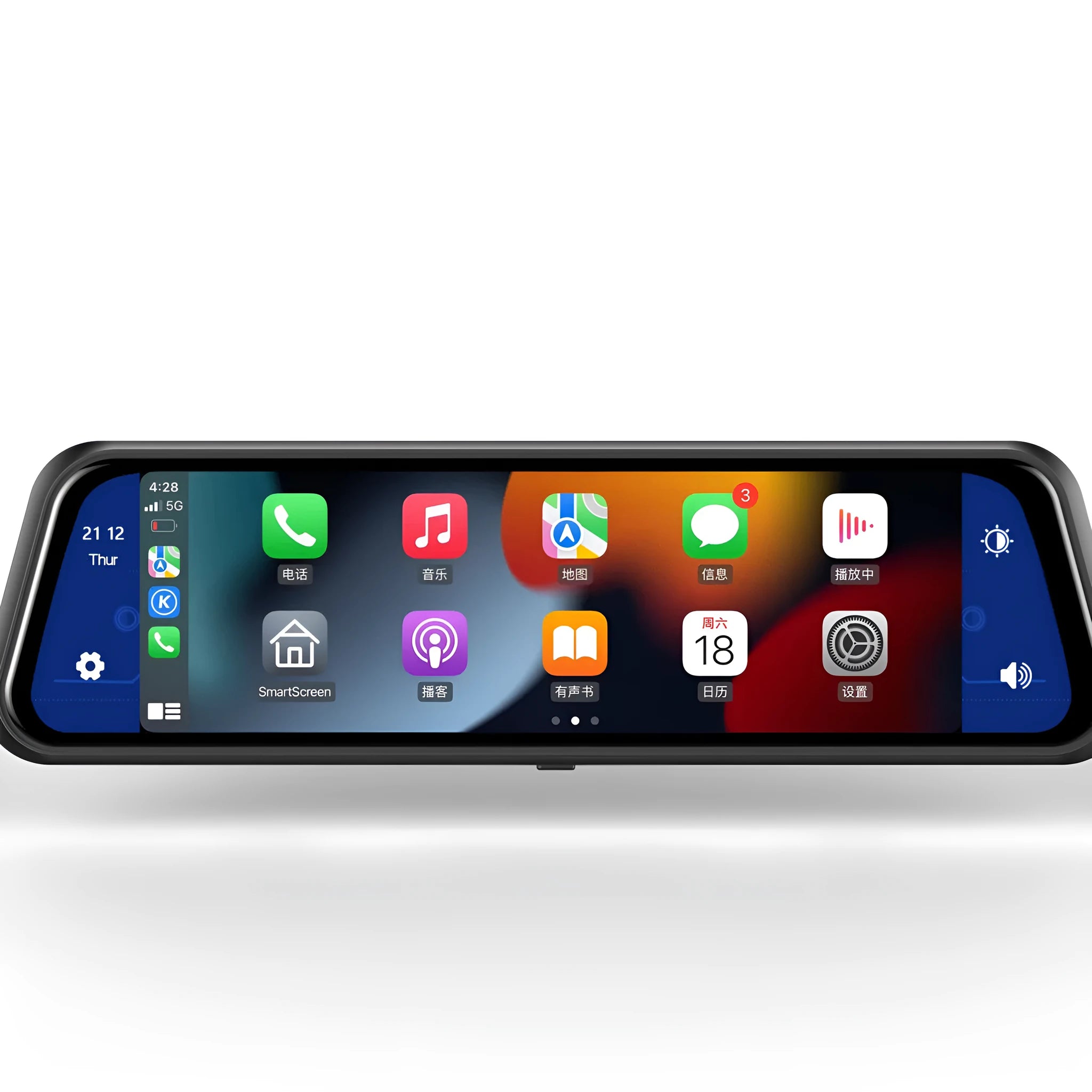 Black dual-lens car dash cam with a large touchscreen mounted on a rearview mirror