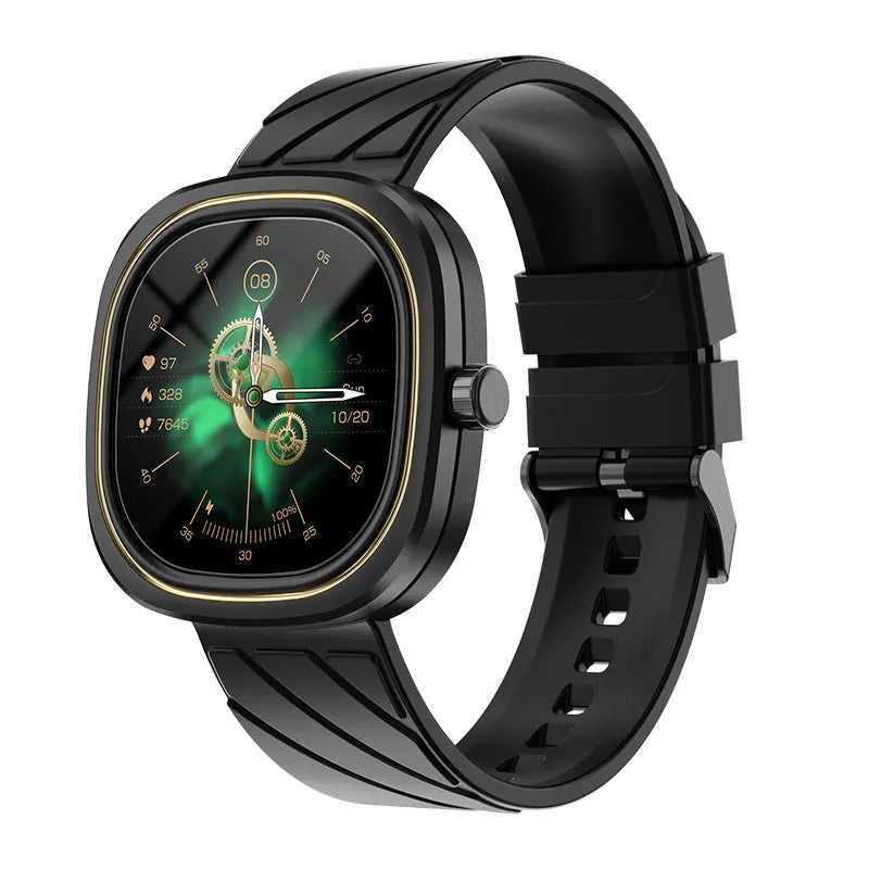 Square pink smartwatch with silicone band showing 1.32-inch screen with fitness tracking display