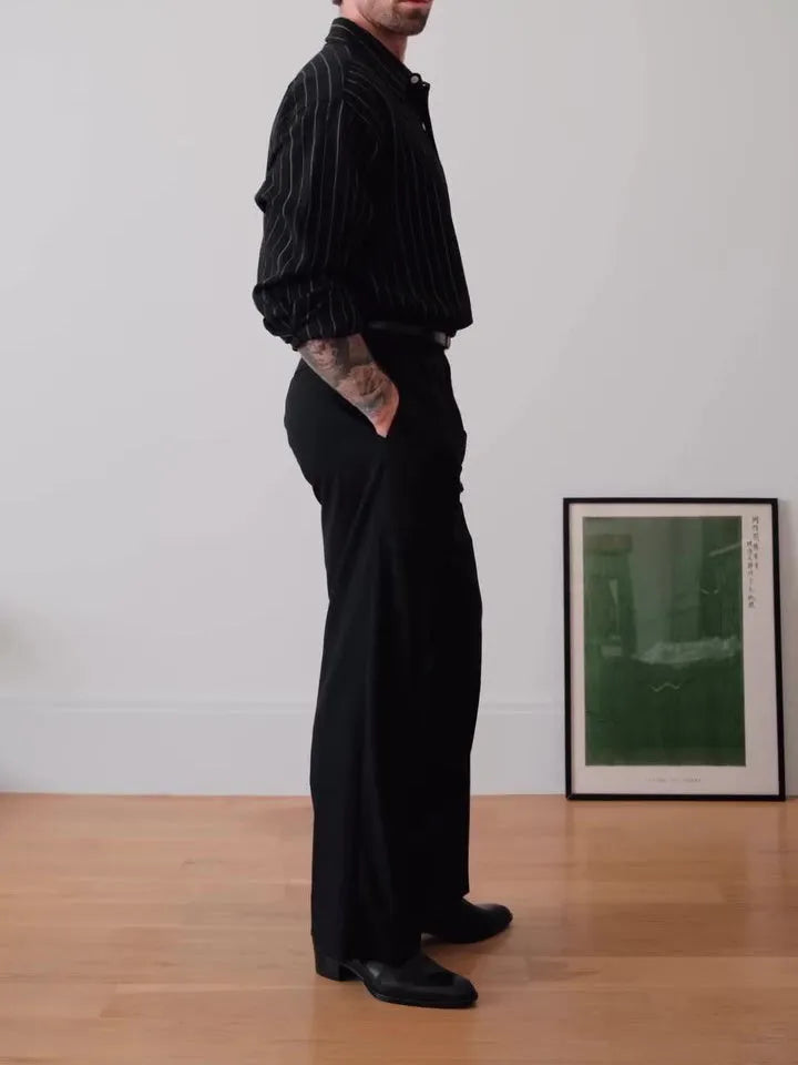 Black pinstriped button-down shirt with regular fit on mannequin