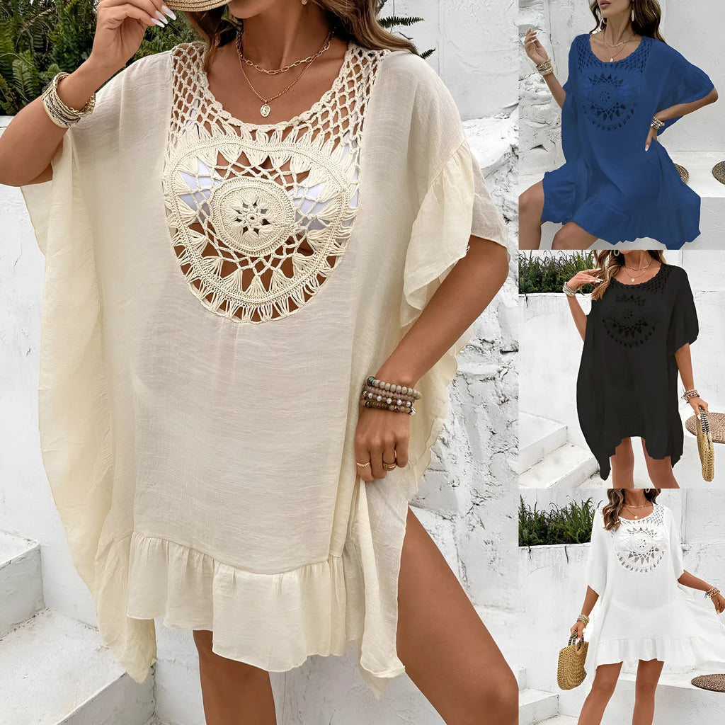 Crochet patchwork beach dress with stitching and tassel details in apricot colour.