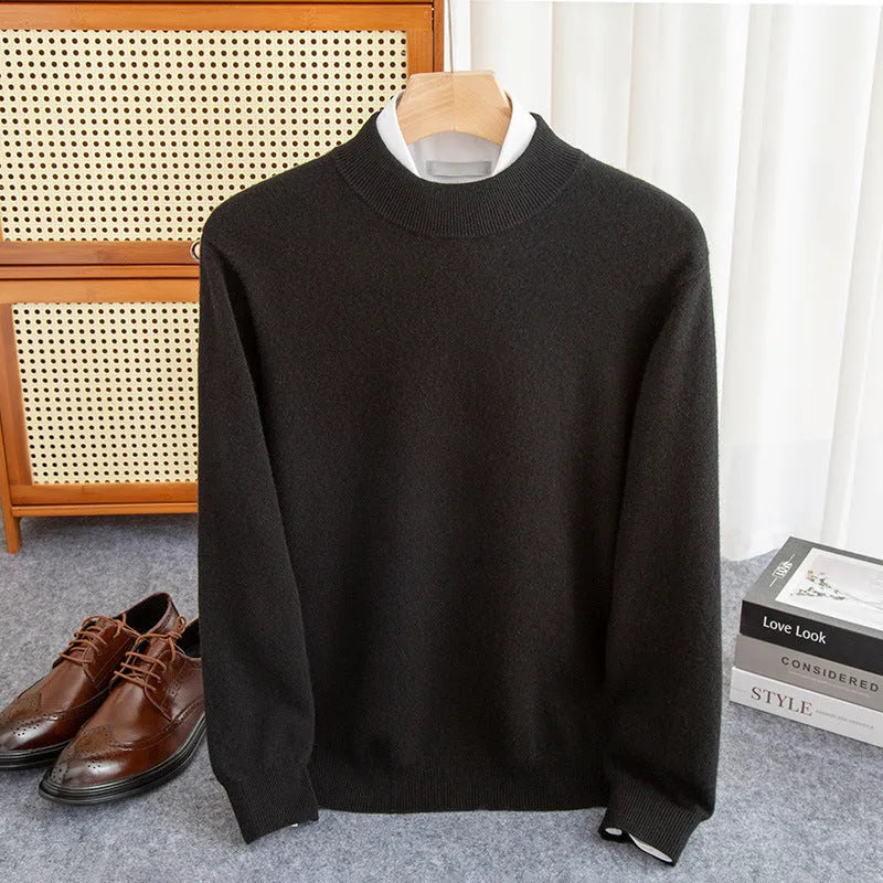 Men's half-turtleneck loose fit wool sweater in a neutral colour on a hanger.