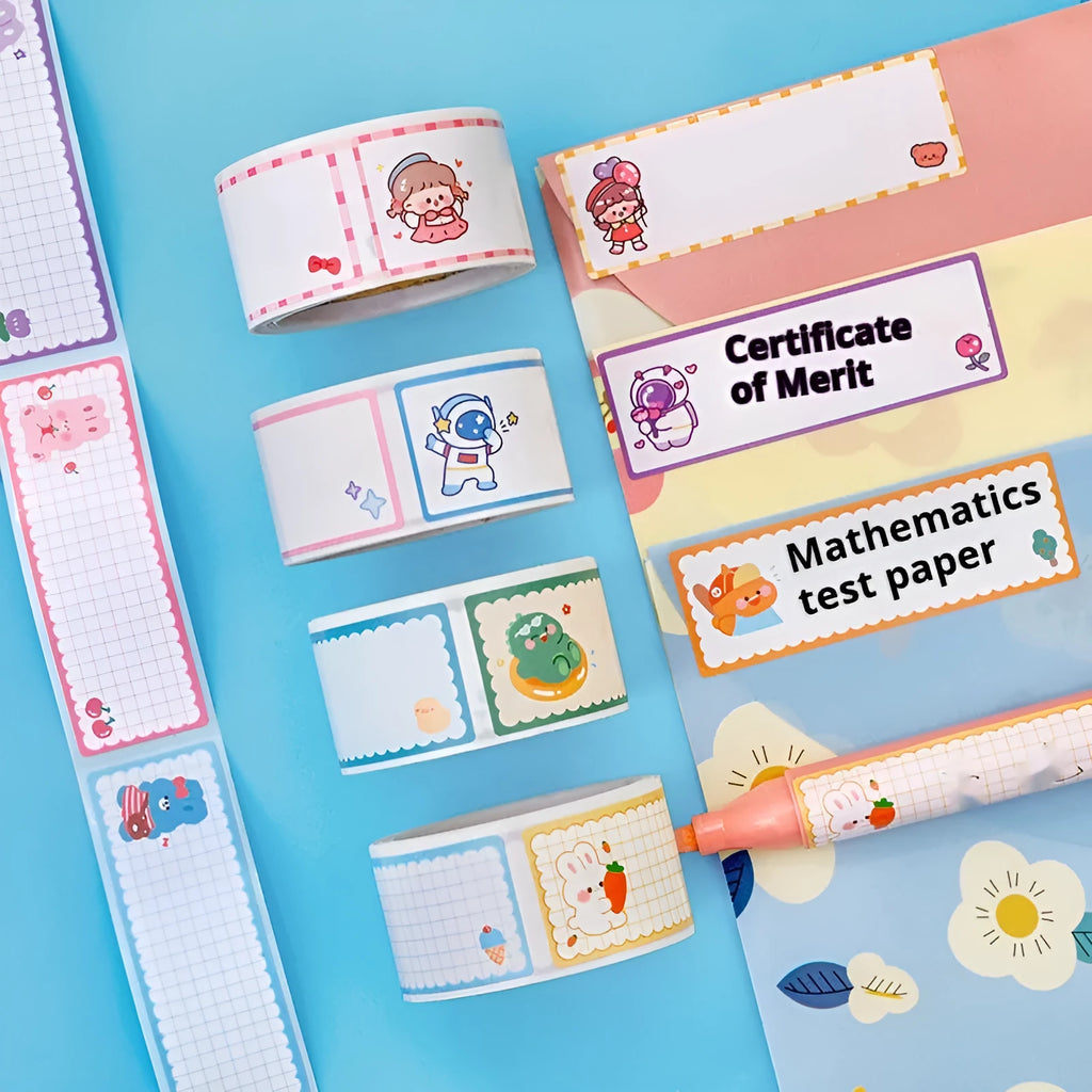 Roll of creative cartoon tape name stickers with dinosaur, astronaut, rabbit and girl designs for student organisation