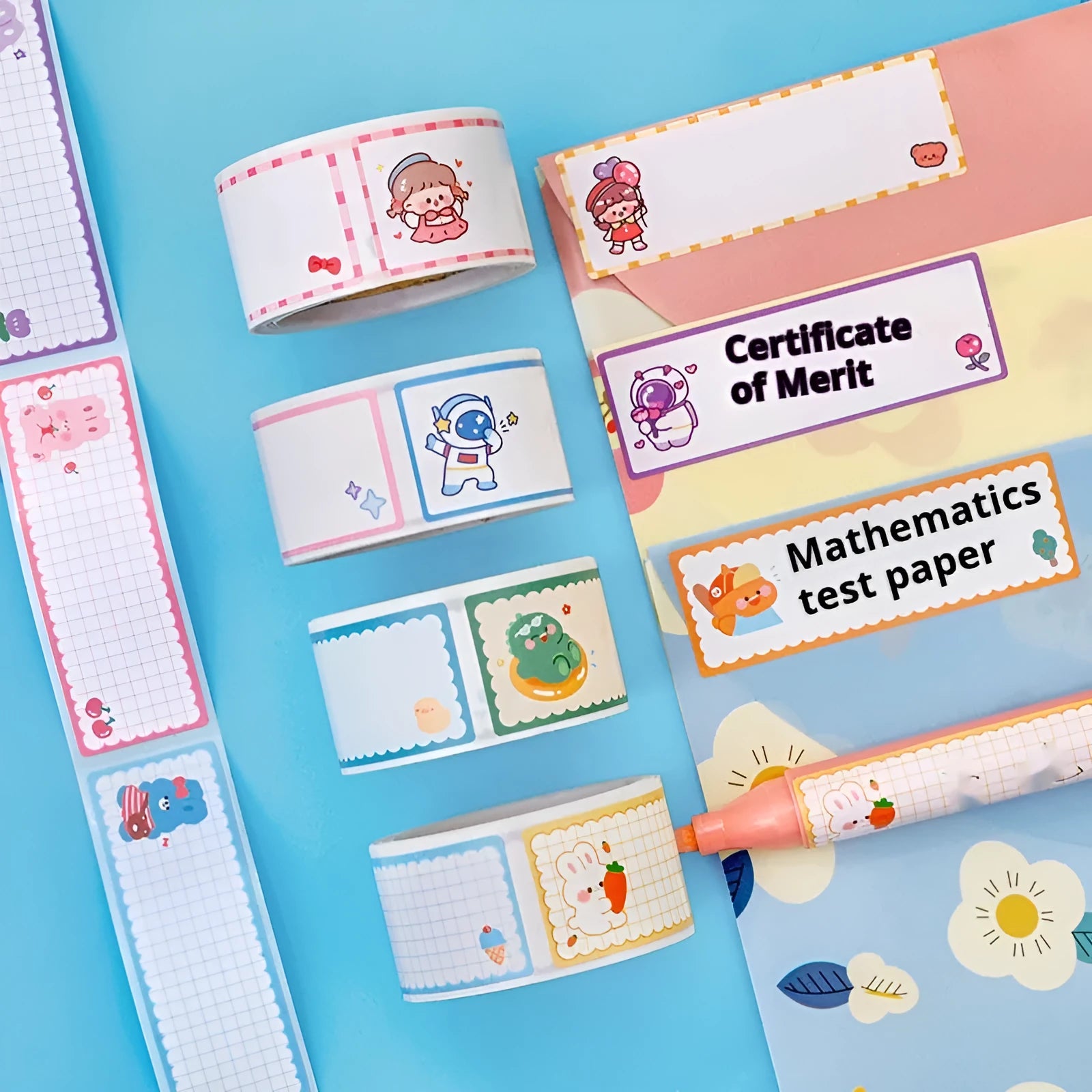 Roll of creative cartoon tape name stickers with dinosaur, astronaut, rabbit and girl designs for student organisation