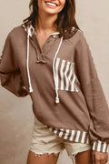 Straw yellow waffle texture hoodie with striped patchwork, button neck, and drawstring hood.