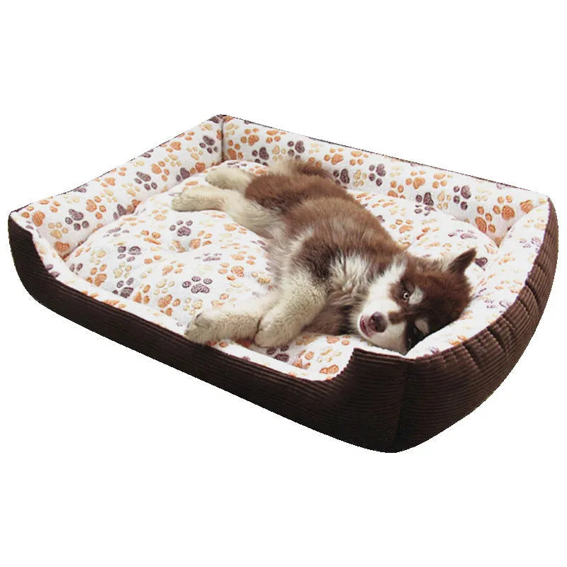 Beige plush pet dog bed with raised sides, shown next to a small dog.