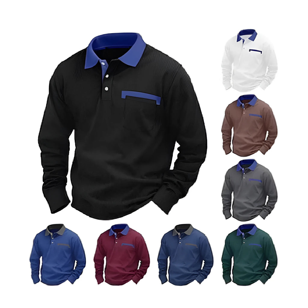Man wearing a long-sleeved waffle-textured polo shirt in a dark colour with an asymmetric design detail.