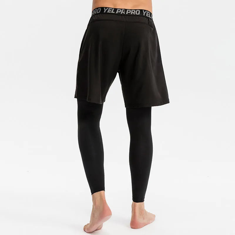 Men's grey quick-drying high elastic tight pants for fitness exercise on a model