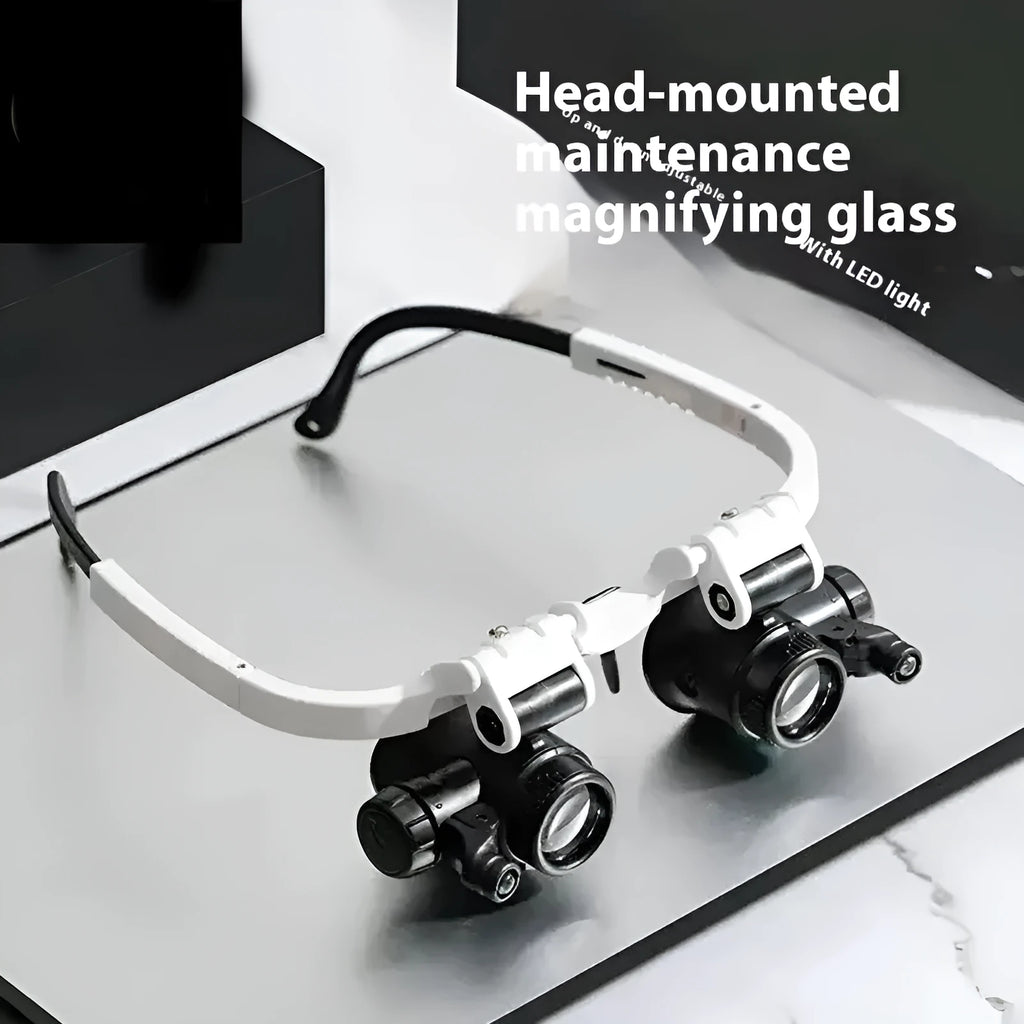 White head mounted magnifying glass with illuminated loupe for clock and electronic repair work.
