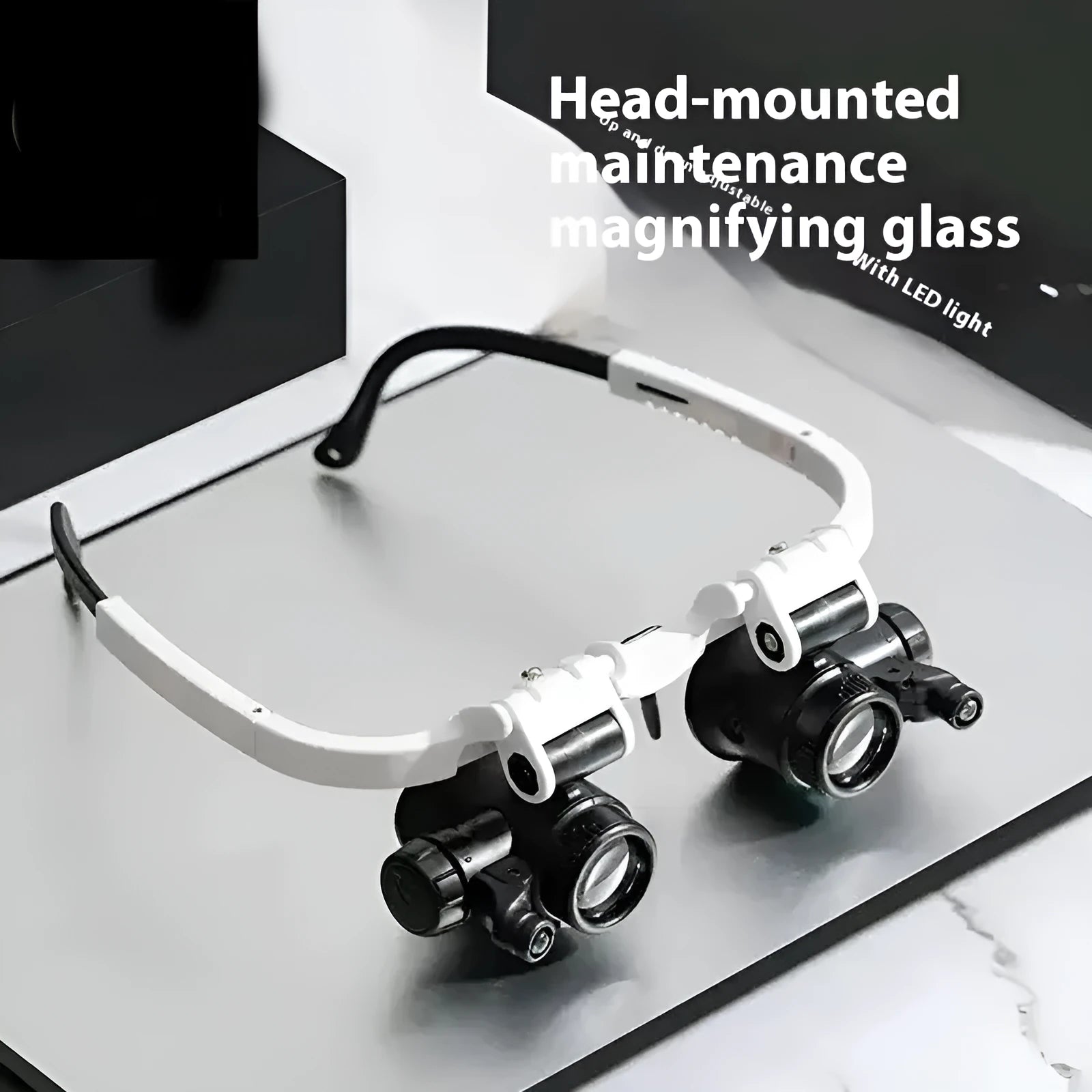 White head mounted magnifying glass with illuminated loupe for clock and electronic repair work.
