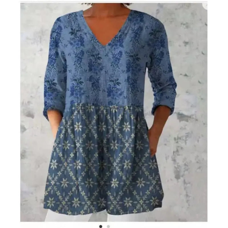 Women's printed polyester dress with 3/4 sleeves and wide waist in multiple pattern styles