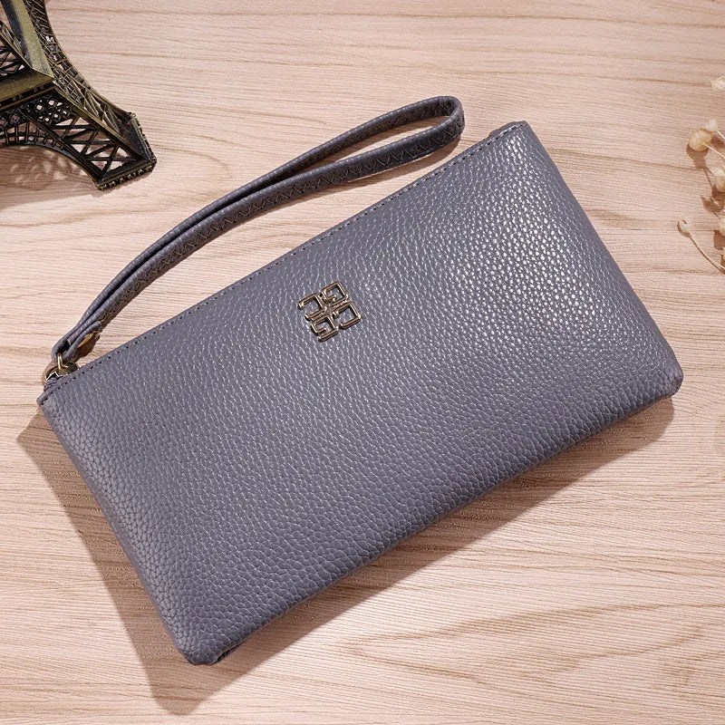 Long 55-inch PU leather phone wallet handbag with zipper closure in solid colour