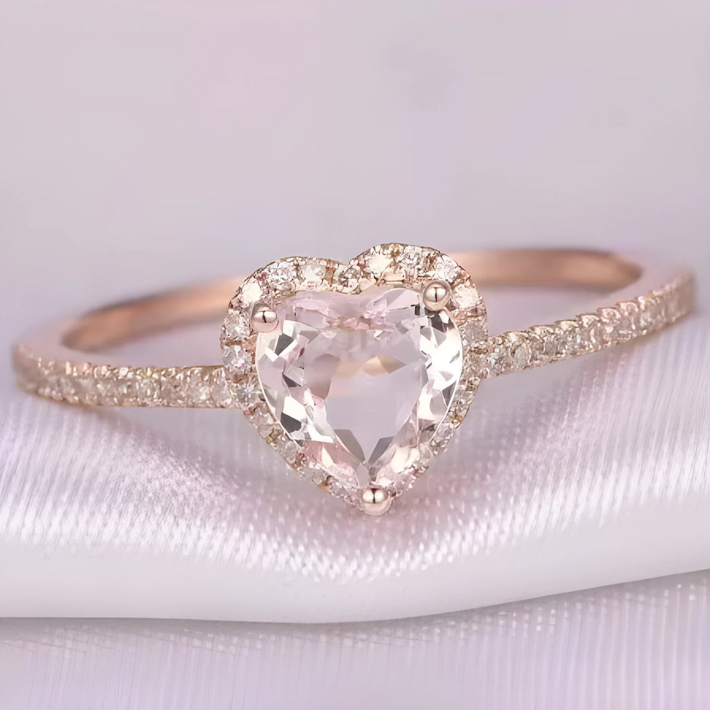Heart-shaped crystal wedding ring with electroplated rose gold finish on white copper band