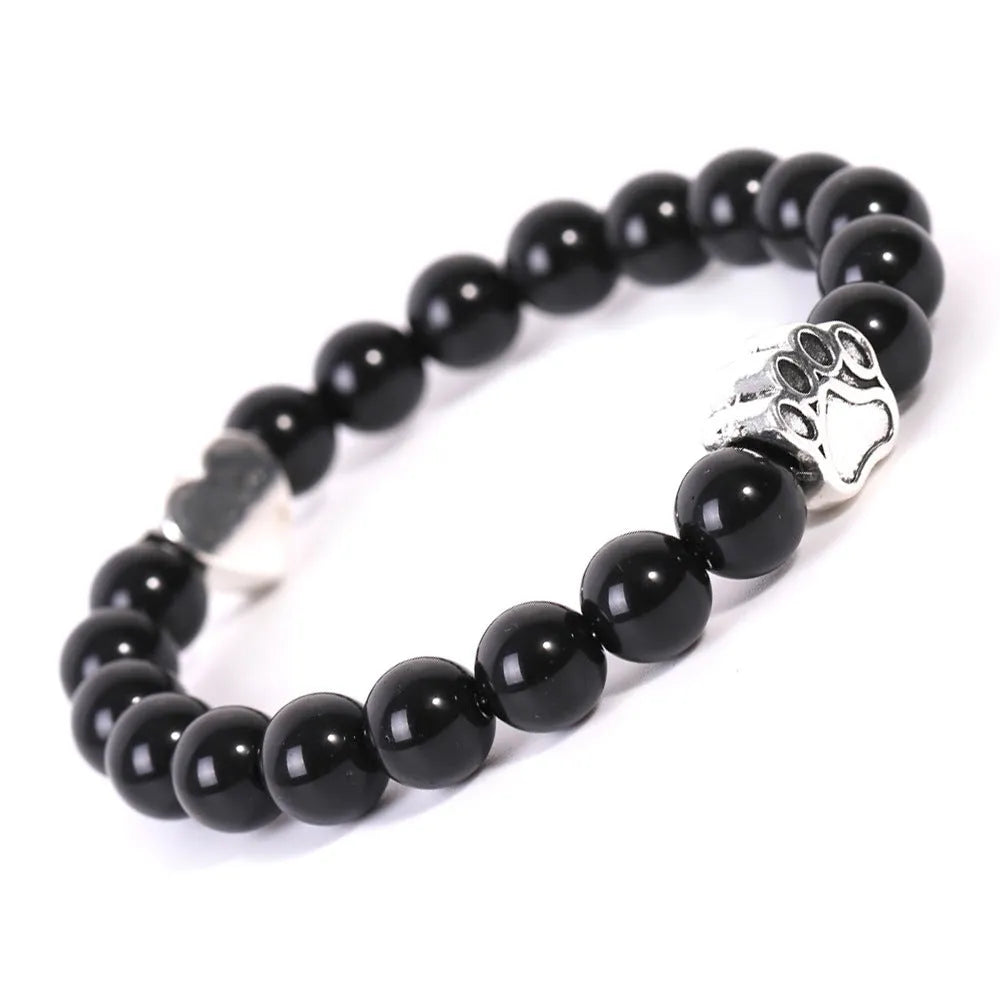 Tiger eye and Indian agate stone bracelet with a silver dog's paw charm and a small love heart on a beaded band.